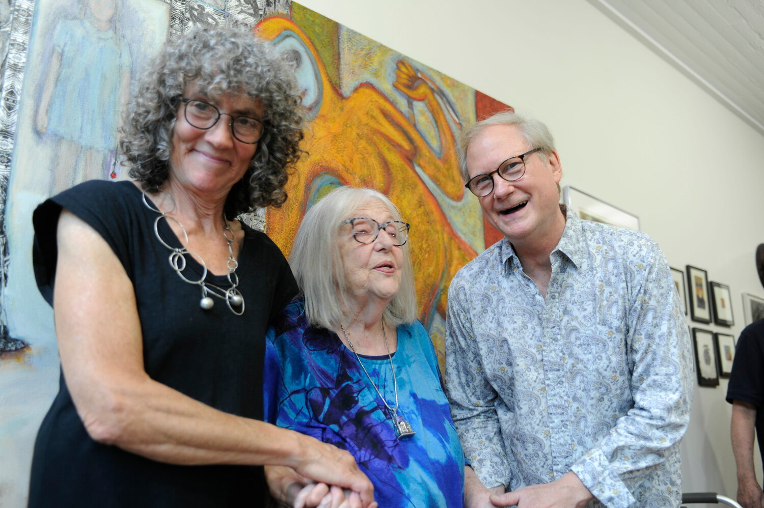 The opening reception of “State of Being: the Art of Nancy Wells”. Deborah Pollak, WCAA co-curator, left; Nancy Wells, multi-faceted artist; and Jay Hostetler, WCAA gallery co-curator. ..